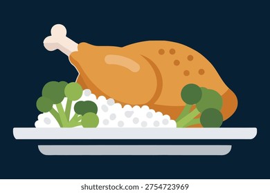 Minimal Flat Food Icon Illustration of Roasted Chicken Leg with Rice and Broccoli on Plate, Modern Clean Design on White Background