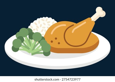 Minimal Flat Food Icon Illustration of Roasted Chicken Leg with Rice and Broccoli on Plate, Modern Clean Design on White Background