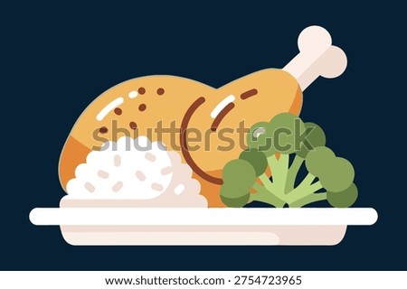 Minimal Flat Food Icon Illustration of Roasted Chicken Leg with Rice and Broccoli on Plate, Modern Clean Design on White Background