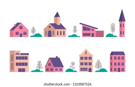 Minimal flat geometric cityscape illustration. City landscape with buildings and trees, vector in simple style. Abstract background for banners, header images, covers and websites.