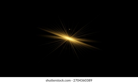 Mínima estrela plana dourada com raios suaves, sutis erupções e brilho de luz em um fundo preto. Ideal para sobreposições e projetos de flare de lente.