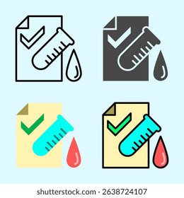 Minimal flat icon of blood test document with checkmark and drop, suitable for lab result display or diagnostic campaign material.