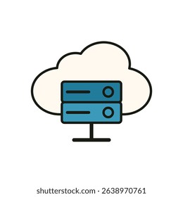 Minimal flat icon of cloud server with blue database rack and white cloud background in modern outline style