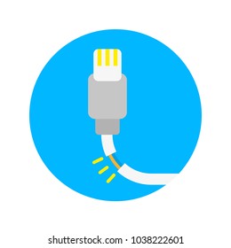 Minimal flat icon logo broken damage don't work plastic slim wire charger for phone tablet computer smart phone need repair. Modern vector style illustration technology concept Blue circle shape