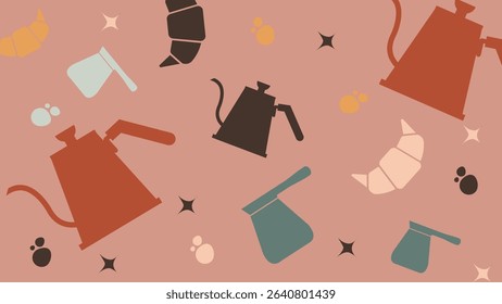 Minimal flat icons of kettles, croissants, and bubbles on dusty pink backdrop. Fits cozy breakfast themes and kitchenware branding.