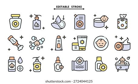 Minimal flat icons set of baby care products. Editable stroke vector. Cosmetic bottles and beauty products for skincare routine, moisturizing and cleansing.