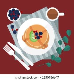 Minimal flat illustrate breakfast blueberry pancake and coffee on red table background