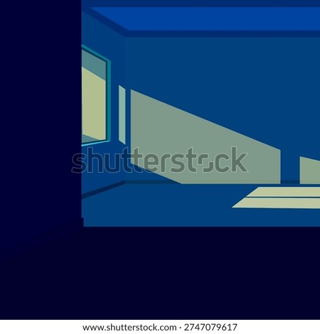 Minimal flat illustration of abstract blue interior room with window light and geometric shadows. Modern architectural background suitable for presentation, design template, creative projects, poster, and digital artwork