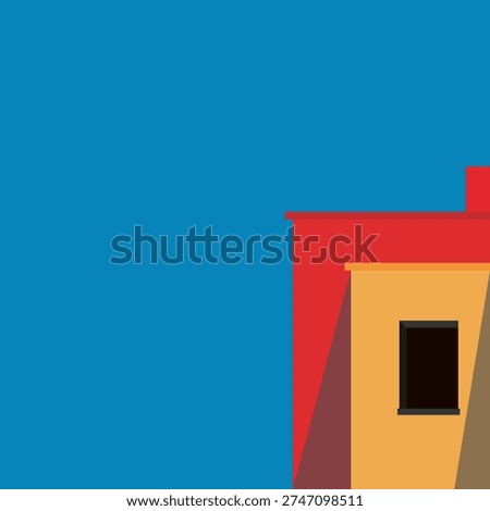 Minimal flat illustration of abstract building corner with geometric shapes against blue sky background. Modern architectural concept suitable for presentation, banner, poster, creative layout, and digital design projects
