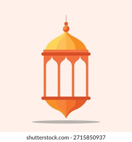 Ilustração plana mínima de uma lanterna islâmica clássica em tons laranja e dourado. Ideal para promoções do Ramadã, modelos de feriados islâmicos e elementos visuais culturais.