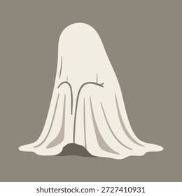 Ilustración plana mínima de una figura fantasma oculta bajo una sábana blanca con pliegues suaves sobre un fondo apagado