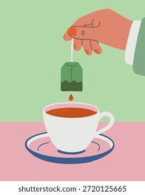 Uma ilustração plana mínima de uma mão mergulhando um saco de chá em uma xícara de chá quente em um pires. Cores pastel quentes e formas simples criam um momento de bebida acolhedor e calmo.