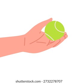 Ilustração plana mínima de uma mão segurando uma bola de padel verde brilhante, enfatizando a aderência e o controle antes de um serviço ou rali. O design limpo e formas simples tornam ideal para conteúdo esportivo, materiais de treinamento, aplicativos móveis, sites e visuais de marketing focados em padel, jogos de tênis e estilos de vida ativos.