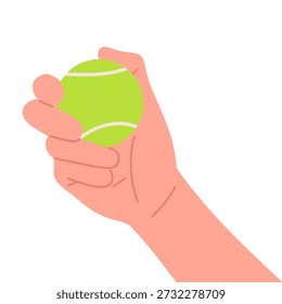 Minimal flat illustration of a hand holding a bright green padel ball, emphasizing grip and control before a serve or rally. The clean design and simple shapes make it ideal for sports content, training materials, mobile apps, websites, and marketing visuals focused on padel, tennis-style games, and active lifestyles.