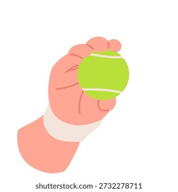Ilustração plana mínima de uma mão segurando uma bola de padel verde brilhante, enfatizando a aderência e o controle antes de um serviço ou rali. O design limpo e formas simples tornam ideal para conteúdo esportivo, materiais de treinamento, aplicativos móveis, sites e visuais de marketing focados em padel, jogos de tênis e estilos de vida ativos.