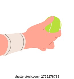 Ilustração plana mínima de uma mão segurando uma bola de padel verde brilhante, enfatizando a aderência e o controle antes de um serviço ou rali. O design limpo e formas simples tornam ideal para conteúdo esportivo, materiais de treinamento, aplicativos móveis, sites e visuais de marketing focados em padel, jogos de tênis e estilos de vida ativos.