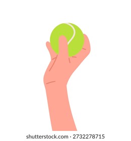 Ilustración plana mínima de una mano que sostiene una pelota de pádel verde brillante, enfatizando el agarre y el control antes de un saque o rally. El diseño limpio y las Formas simples lo hacen ideal para contenido deportivo, materiales de entrenamiento, App móviles, Sitios web y visuales de marketing enfocados en pádel, juegos de estilo tenis y estilos de vida activos.