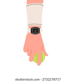 Ilustração plana mínima de uma mão segurando uma bola de padel verde brilhante, enfatizando a aderência e o controle antes de um serviço ou rali. O design limpo e formas simples tornam ideal para conteúdo esportivo, materiais de treinamento, aplicativos móveis, sites e visuais de marketing focados em padel, jogos de tênis e estilos de vida ativos.