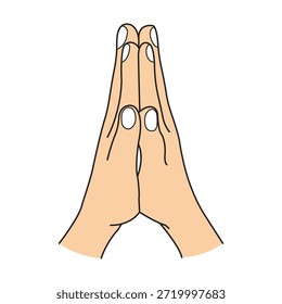 Ilustración plana mínima de las manos en Anjali Mudra, también conocida como Pose de oración o gesto de Namaste. Ampliamente utilizado en yoga, meditación, atención plena, espiritualidad, marca de bienestar, contenido de relajación y diseños de salud holísticos. Vector limpio aislado sobre fondo blanco.