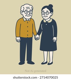 Ilustración plana mínima de una pareja de ancianos cariñosos tomados de la mano. Cálidos y amigables personajes senior en un estilo de Vector limpio dibujado a mano que representa el compañerismo y el envejecimiento juntos.