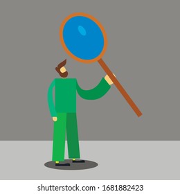 Minimal flat illustration with a man looking in magnifier. Diligent seach concept in modern style.