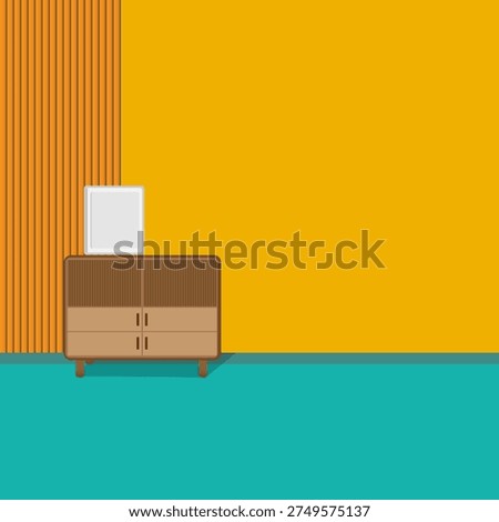 Minimal flat illustration of a modern living room interior with wooden cabinet, decorative frame, yellow wall and turquoise floor. Clean contemporary home design concept suitable for interior decoration, furniture themes, background design, posters, and creative projects