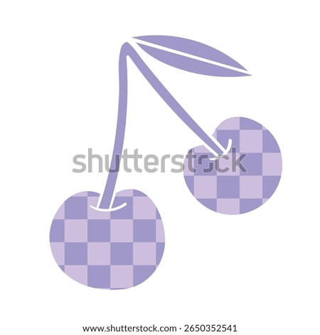Minimal flat illustration of purple checkered cherry with leaf in trendy pastel color on white background