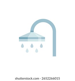 Uma ilustração plana mínima de uma cabeça de chuveiro pulverizando gotas de água, representando limpeza e higiene.

