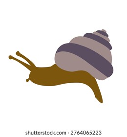 Minimal flat illustration of snail with purple spiral shell, isolated on light background for creative nature design and educational graphics.