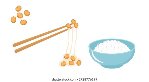Ilustración plana mínima de soja recogida con palillos junto a un tazón de arroz blanco al vapor en un estilo de comida japonesa limpia.