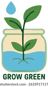 Minimal flat illustration sticker of a green plant growing in a jar with a water drop, representing sustainability and eco-consciousness for World Environment Day.