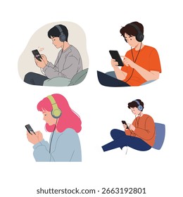 Minimal flat illustration of a teen using a generative music app on their phone, people using AI tools set