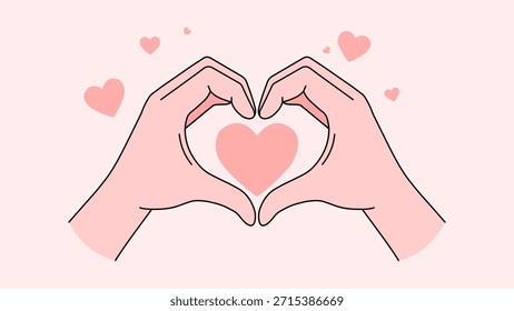 Mínima ilustração plana de duas mãos criando uma forma de coração com corações suaves e cor-de-rosa ao redor, simbolizando amor e afeto.

