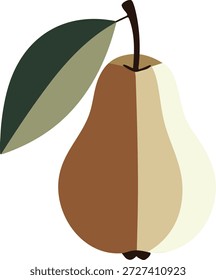 Ilustração plana mínima de uma pera de dois tons com uma única folha e formas orgânicas limpas