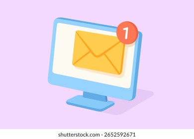 Minimal flat illustration of a yellow envelope icon with one new message on a computer monitor. Purple background evokes digital communication theme