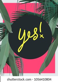 Minimal flat imperfection composition of palm / tropical leaf on neon pink background with dark circle for text, tropic vibe vector graphic template