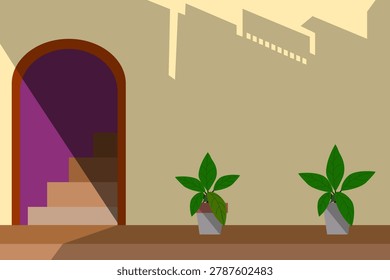 Minimal flat interior illustration with arch doorway stairs and outdoor plants. With shading building