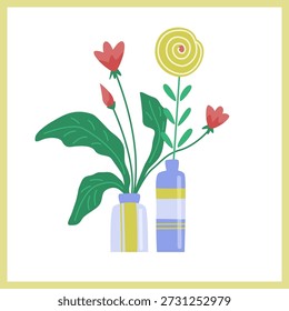 Minimal flat isolated illustration of flowers in decorative vases. Modern floral design with soft colors, simple shapes and cozy Scandinavian style for posters, cards and home decor.