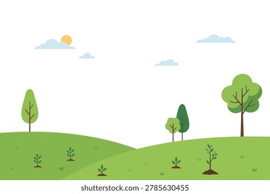 Minimal flat landscape vector illustration with green hills, trees, plants, clouds, and sunlight on a clean background. Eco-friendly nature scenery in modern cartoon style, perfect for environmental campaigns, Earth Day designs, park and countryside concepts, website banners, educational materials, mobile apps, and infographic backgrounds.