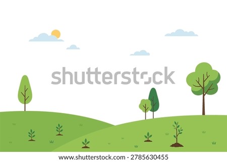 Minimal flat landscape vector illustration with green hills, trees, plants, clouds, and sunlight on a clean background. Eco-friendly nature scenery in modern cartoon style, perfect for environmental campaigns, Earth Day designs, park and countryside concepts, website banners, educational materials, mobile apps, and infographic backgrounds.