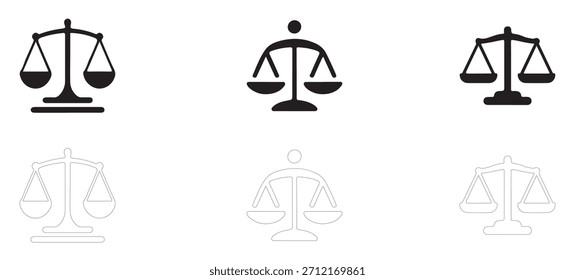 Icono mínimo de escala de equilibrio de estilo plano y de línea que representa justicia, igualdad y justicia legal.