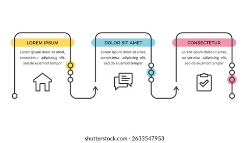 Minimal flat linear infographic template with three connected steps for process visualization, vector eps10 illustration