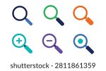 Minimal Flat Magnifying Glass Search Icons Set – Colorful Modern Vector UI Search, Zoom In, Zoom Out and Focus Symbols