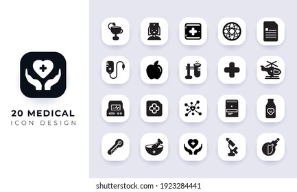 Paquete mínimo de iconos médicos planos. En este paquete se incorpora con veinte íconos médicos diferentes.