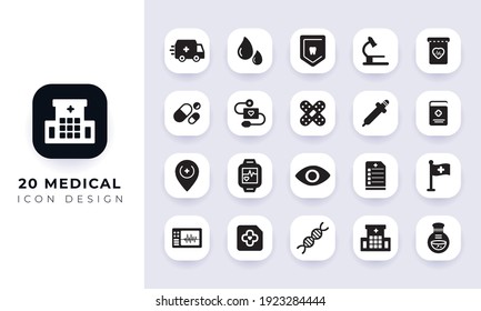 Paquete mínimo de iconos médicos planos. En este paquete se incorpora con veinte íconos médicos diferentes.