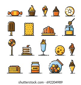 Minimal flat, modern and fancy icon set, illustration of different type sweets like biscuit, muffin, candies, honey. donut, ice cream, pudding and many more. 