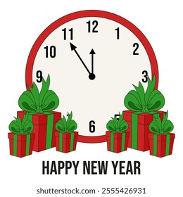Minimal flat New Year greeting card cover template design with alarm clock. New Year is coming clip art. Vector alarm clock and gift box isolated white background. EPS 10