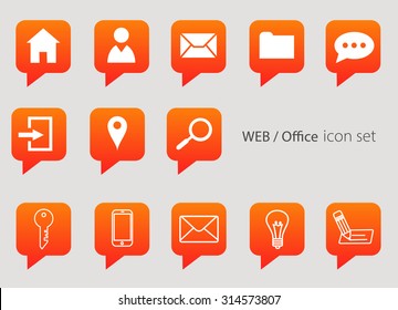 minimal flat and outline drawing web or office icon set white icons on orange message bubble