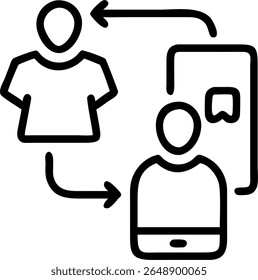 Minimal flat outline icon of clothes exchange with arrow flow. Represents second-hand fashion, swap, and sustainable clothing concepts.