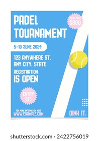 Minimal flat padel tournament poster. Modern and bright competition event template. Vector illustration with text, field and ball.